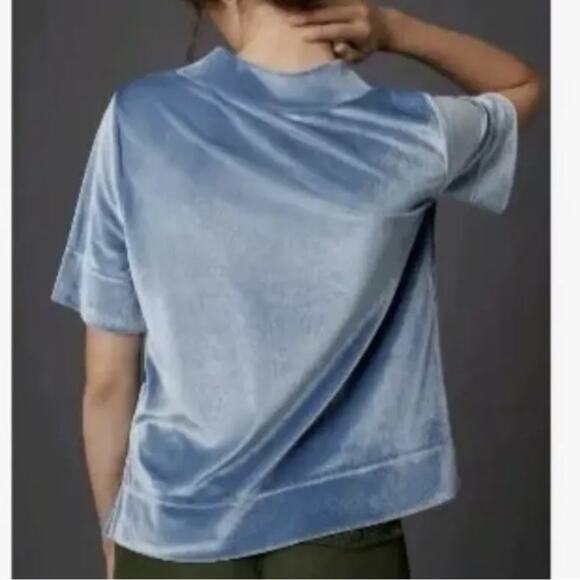 Anthropologie Krisha Blouse Top Velvet Mock Neck Short Sleeve Slate Blue Size L - Picture 3 of 16